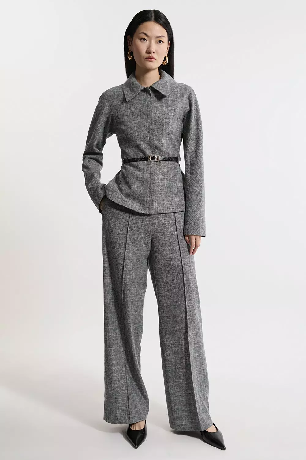 Mono Texture Belted Collared Tailored Jacket | Karen Millen