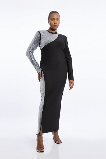 Plus Size Figure Form Bandage Asymmetric Embellished Maxi Dress black