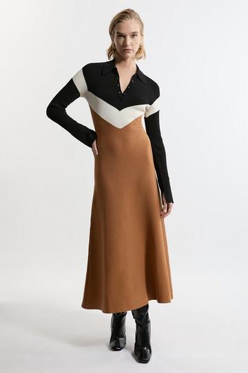 Viscose Blend Rib Knit Polo Top Midaxi Dress camel