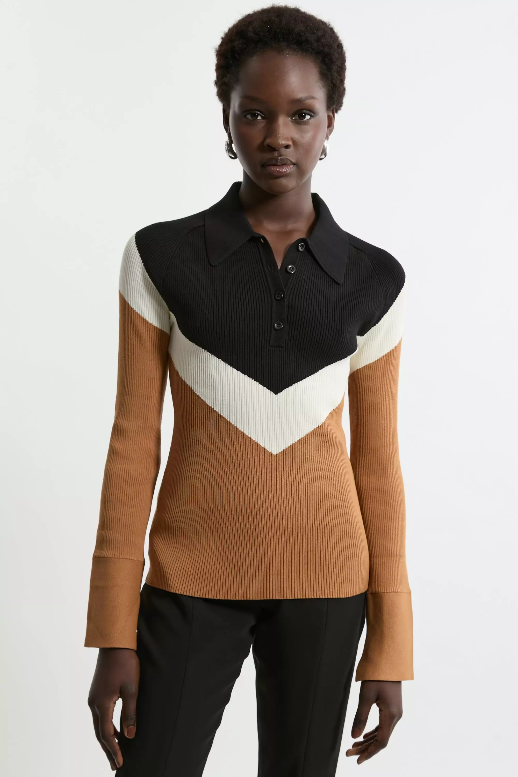 Viscose Blend Rib Knit Polo Top | Karen Millen