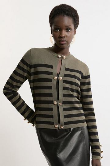 Military Stripe Rib Knit Cardigan khaki