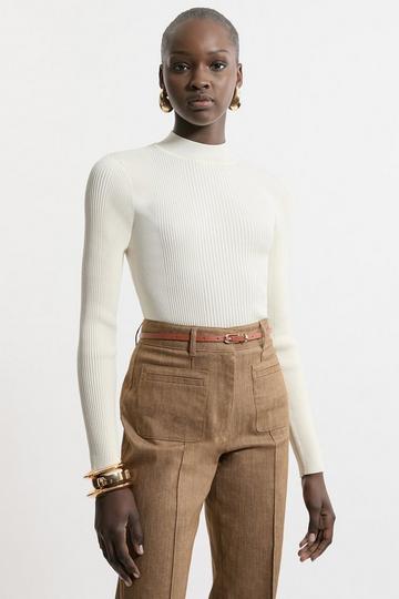 Cream White Funnel Neck Rib Knit Top