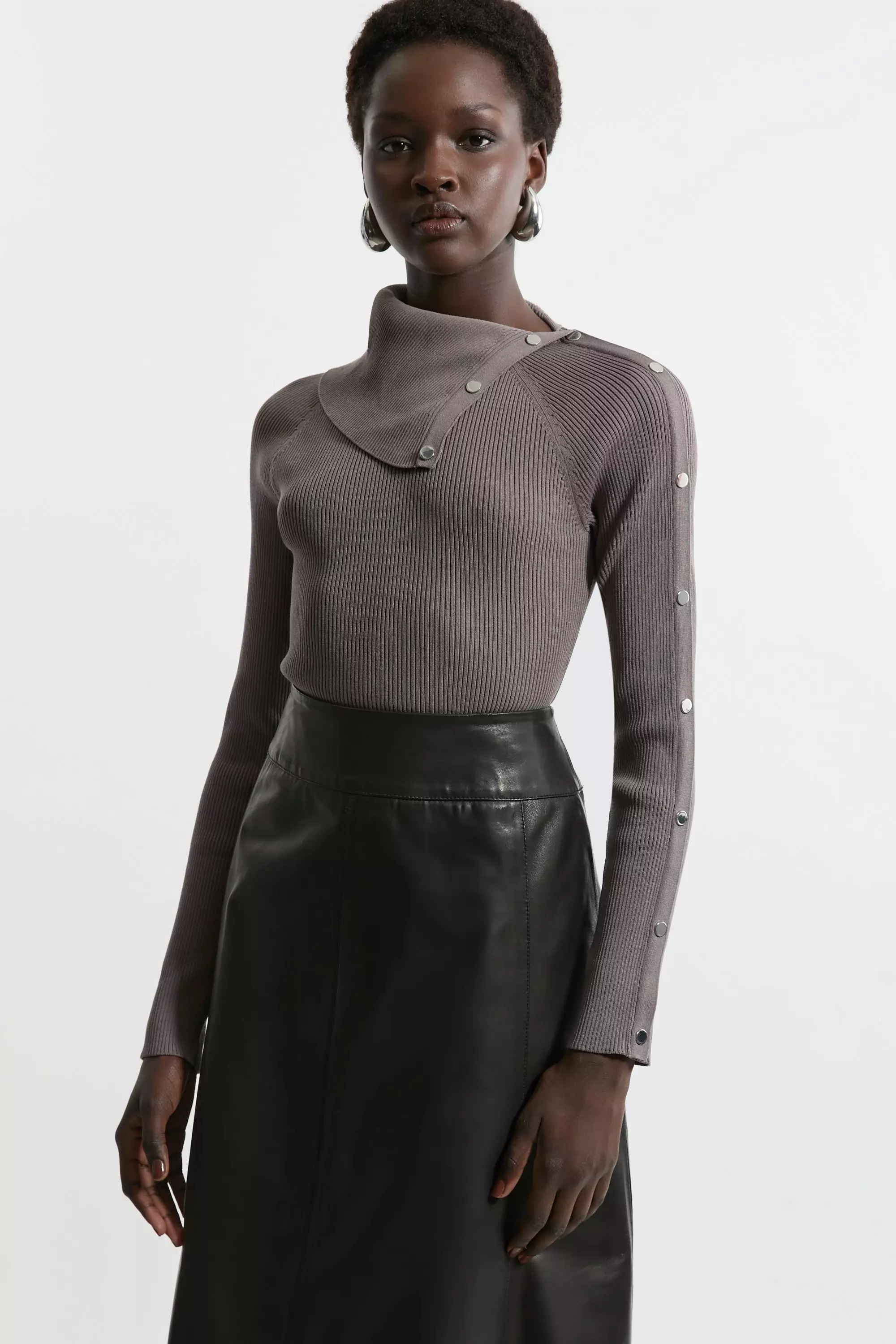 Mushroom Viscose Blend Rib Knit Envelope Neck Top alternative image