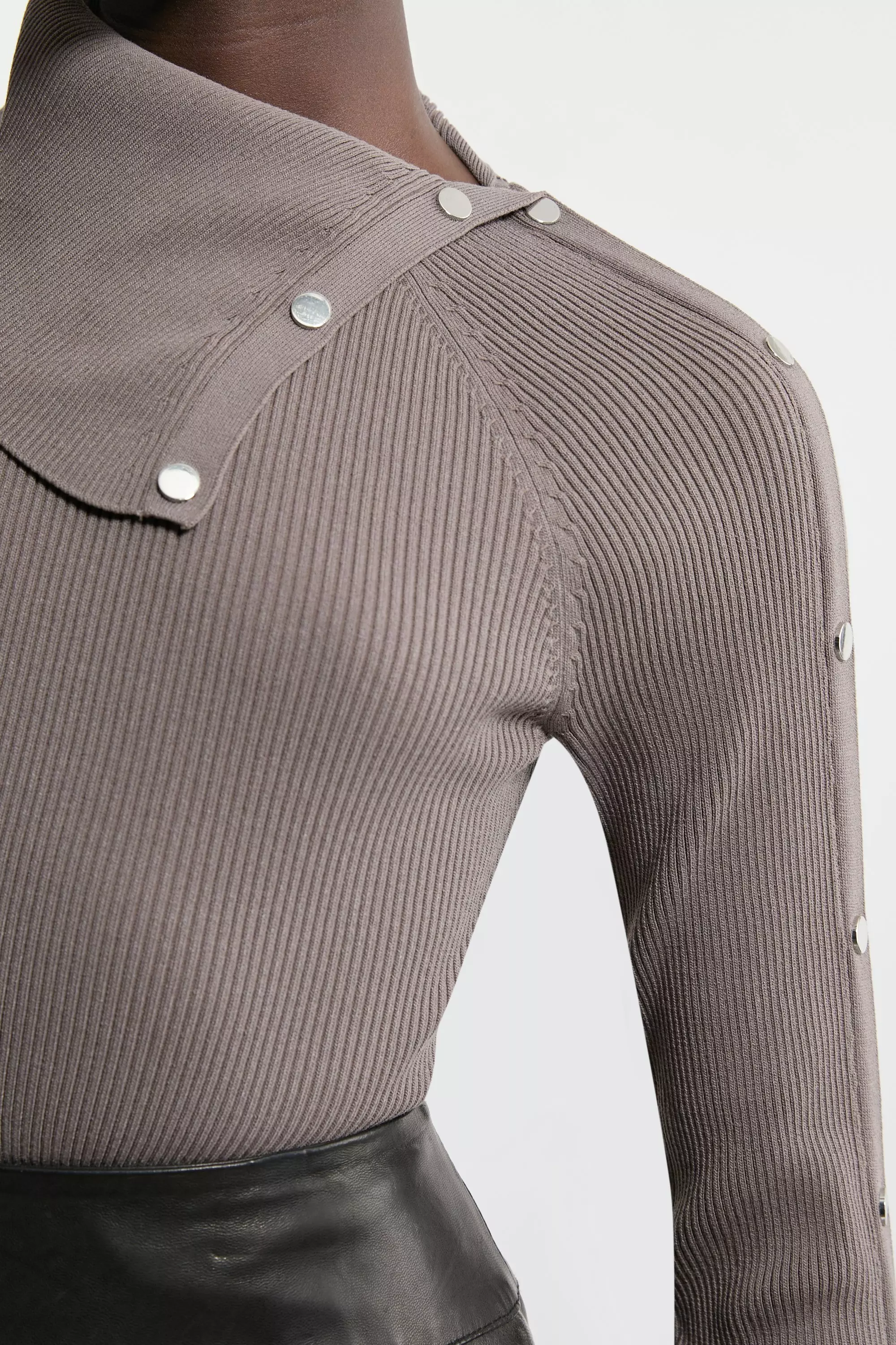 Mushroom Viscose Blend Rib Knit Envelope Neck Top alternative image