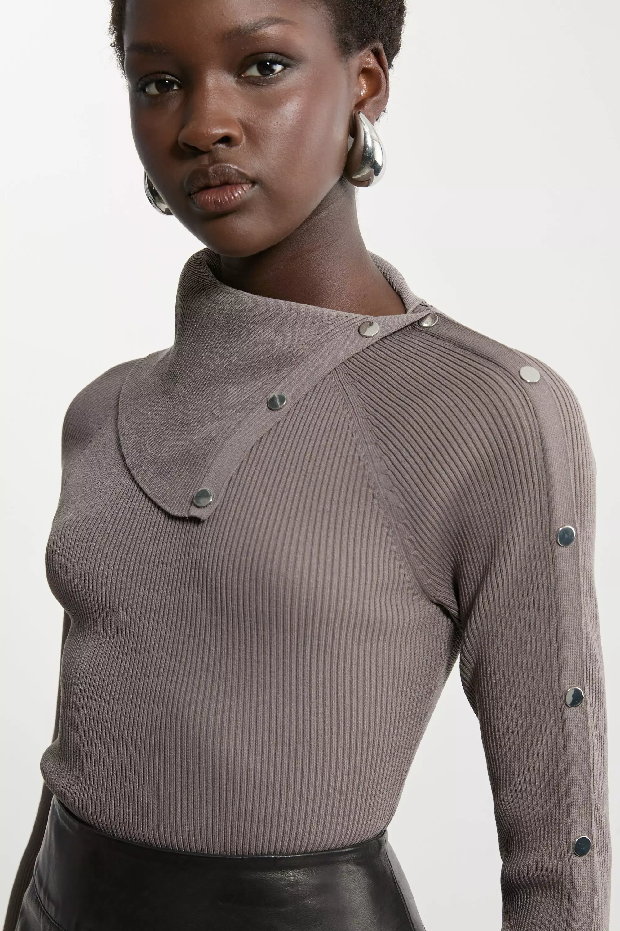 Mushroom Viscose Blend Rib Knit Envelope Neck Top alternative image