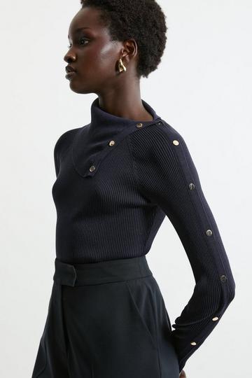 Navy Viscose Blend Rib Knit Envelope Neck Top