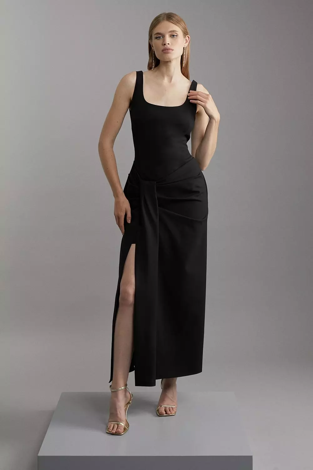 Black Tailored Waist Drape Corset Maxi Dress alternative image