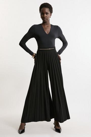 Black Tailored Crepe Pleated Full Midi Pants