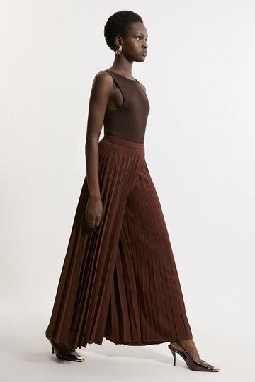 Tailored Crepe Pleated Full Midi Trouser coffee