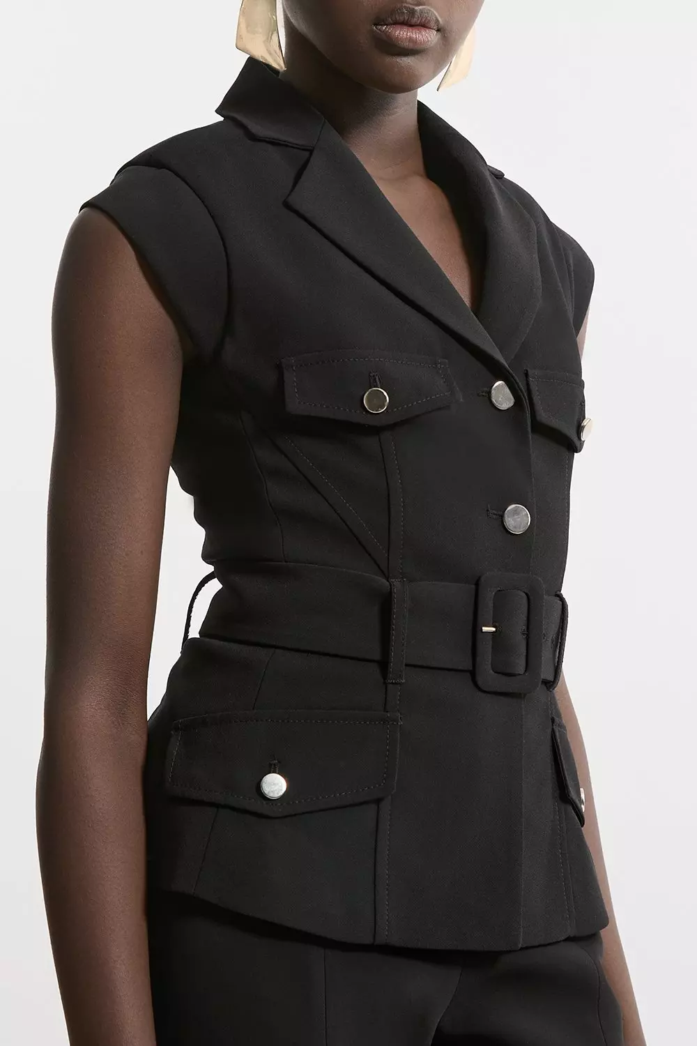 KAREN MILLEN*テーラードベルト付きキャップスリーブジャケット Tailored Crepe Belted Cap Sleeve Collared Jacket | Karen Millen