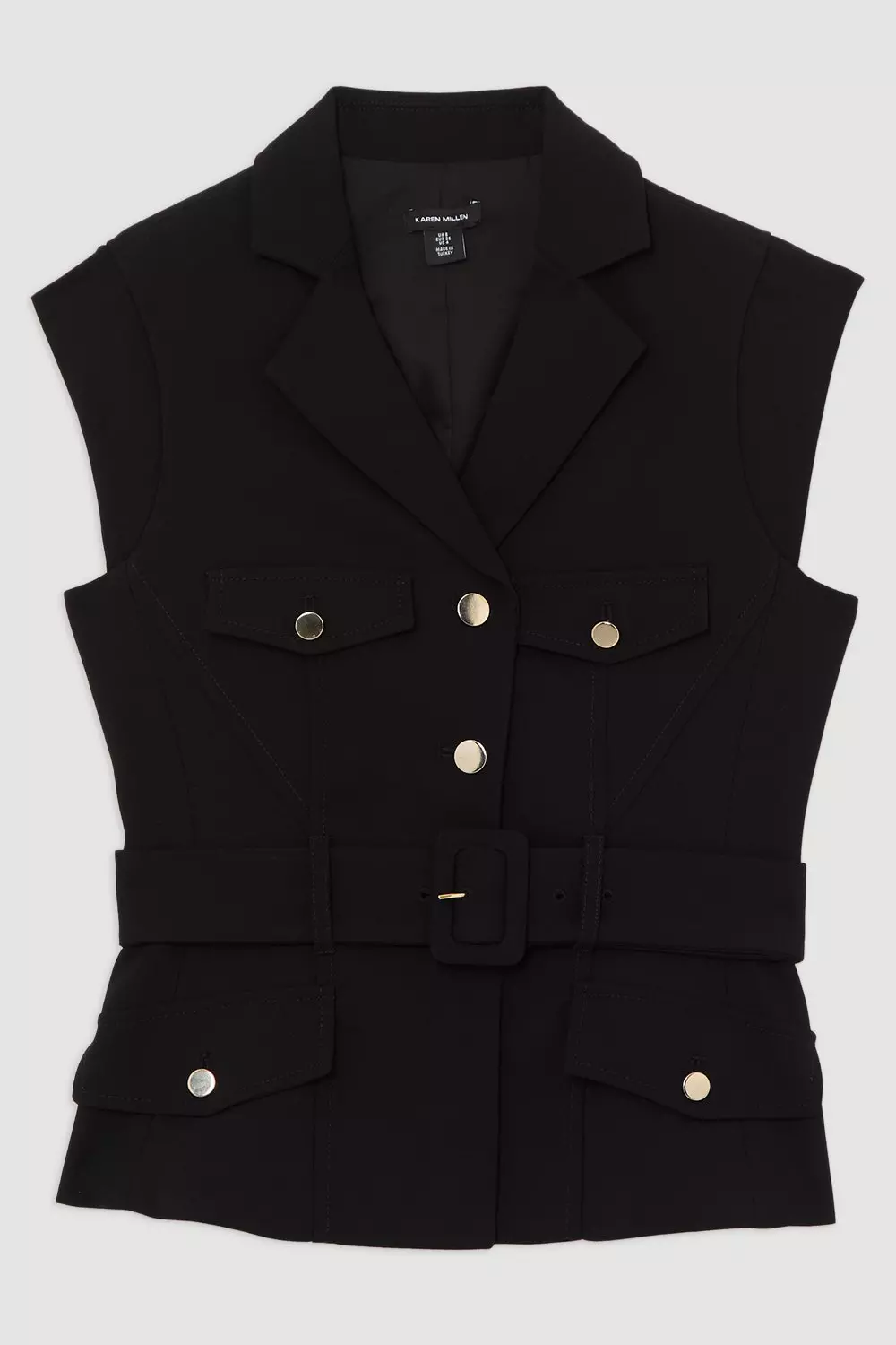 Tailored Crepe Belted Cap Sleeve Collared Jacket | Karen Millen