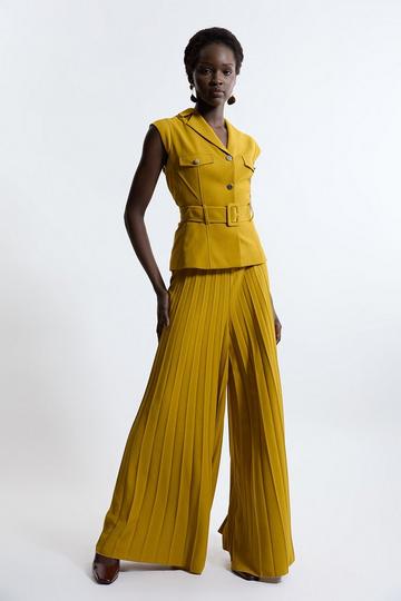 Gold Metallic Tailored Crepe Pleated Wide Leg Belted Jumpsuit