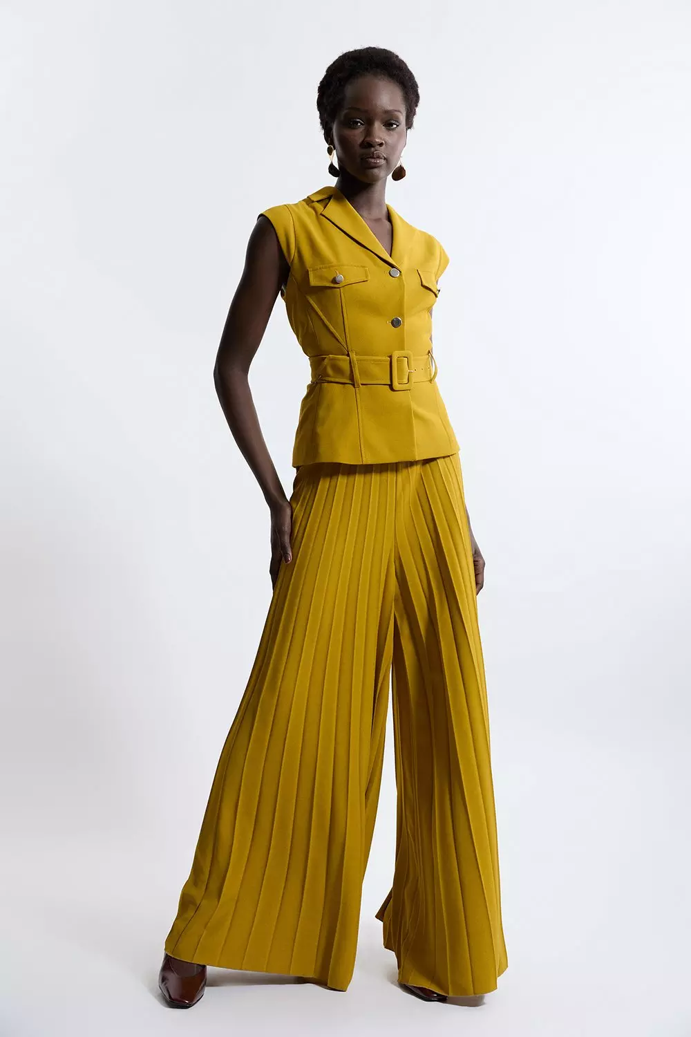 Karen Millen Womens Tailored Crepe Pleated Wide Leg Belted Jumpsuit Gold Size 6