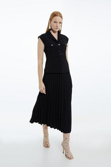 Black Tailored Crepe Pleat Full Skirt Belted Midaxi Dress