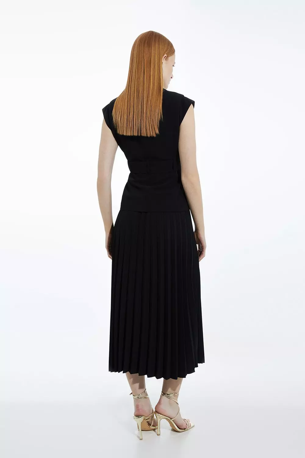 Tailored Crepe Pleat Full Skirt Belted Maxi Dress | Karen Millen