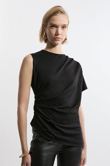 Petite Tailored Ponte Asymmetric Drape Top black