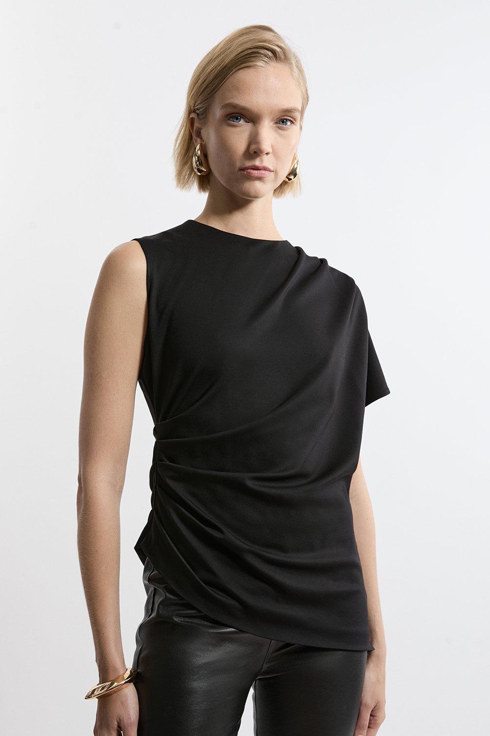 Black Tailored Ponte Asymmetric Drape Top