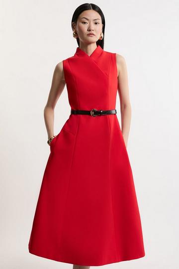 Red Tall Compact Stretch Wrap Neck Tailored Midi Dress