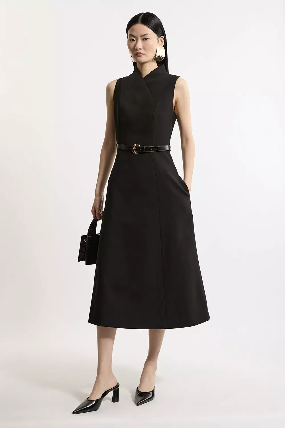 Black Compact Stretch Wrap Neck Tailored Midi Dress alternative image