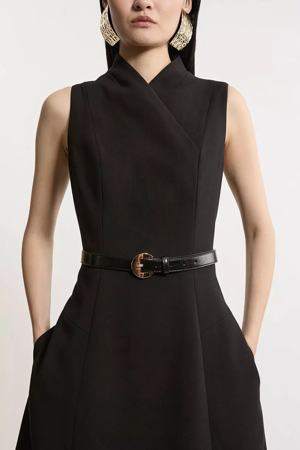 Black Compact Stretch Wrap Neck Tailored Midi Dress alternative image