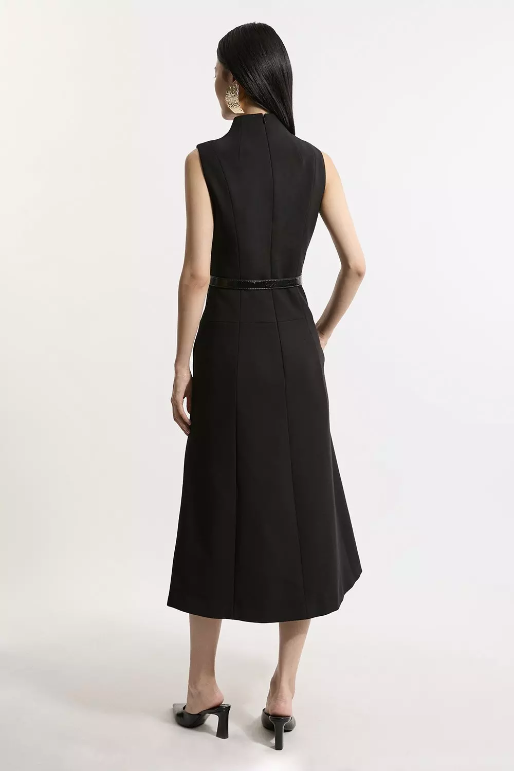 Black Compact Stretch Wrap Neck Tailored Midi Dress alternative image