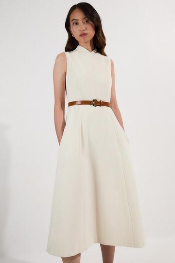 Compact Stretch Wrap Neck Tailored Midi Dress ivory
