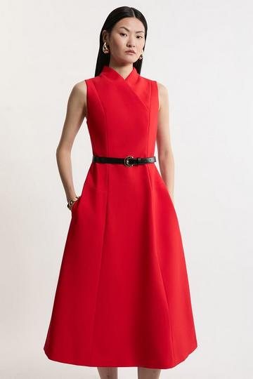 Red Compact Stretch Wrap Neck Tailored Midi Dress