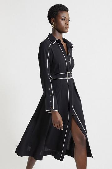 Black Petite Fluid Tailored Tipped Belt Detailed Midi Shirt Dress