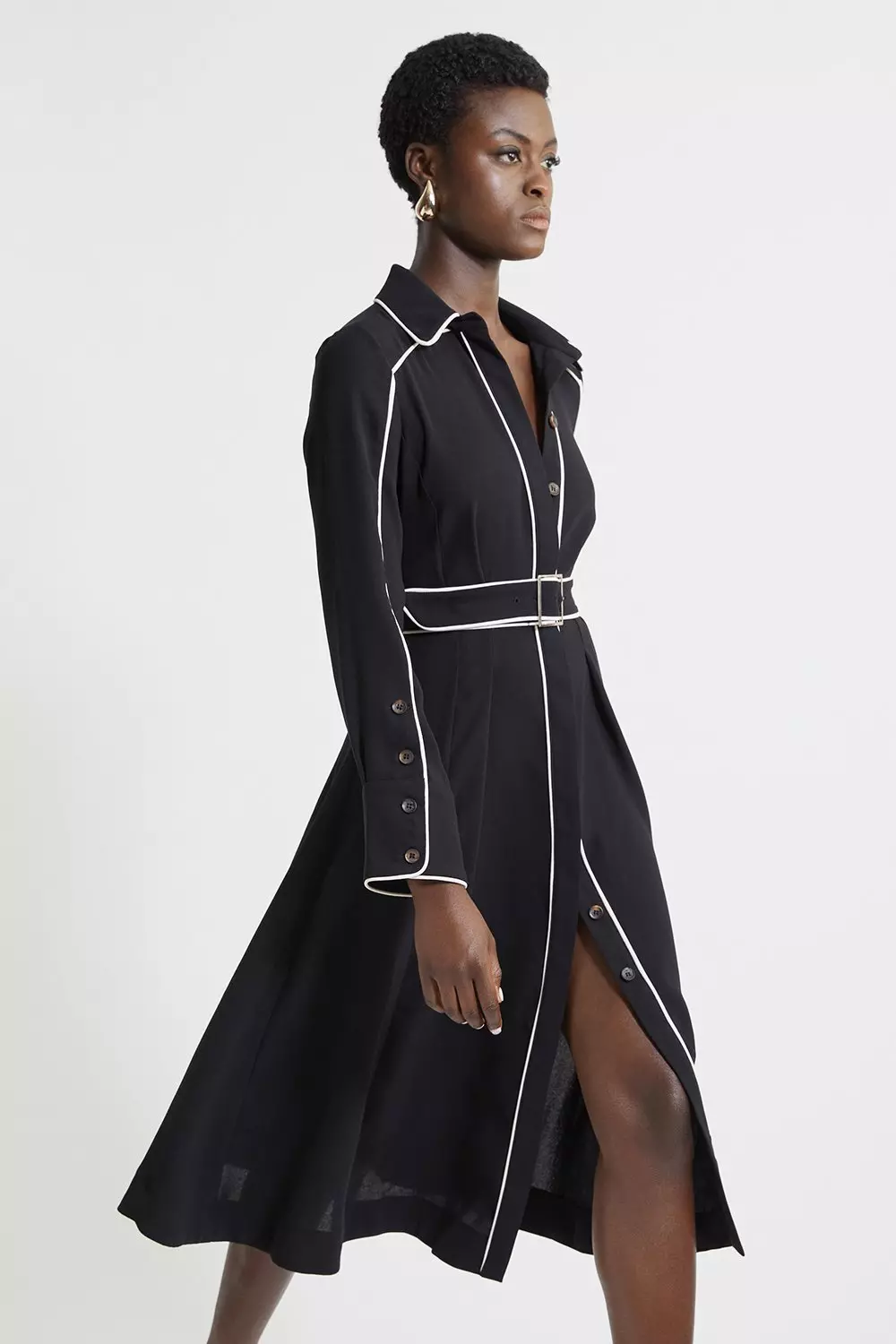Black Petite Fluid Tailored Tipped Belt Detailed Midi Shirt Dress alternative image