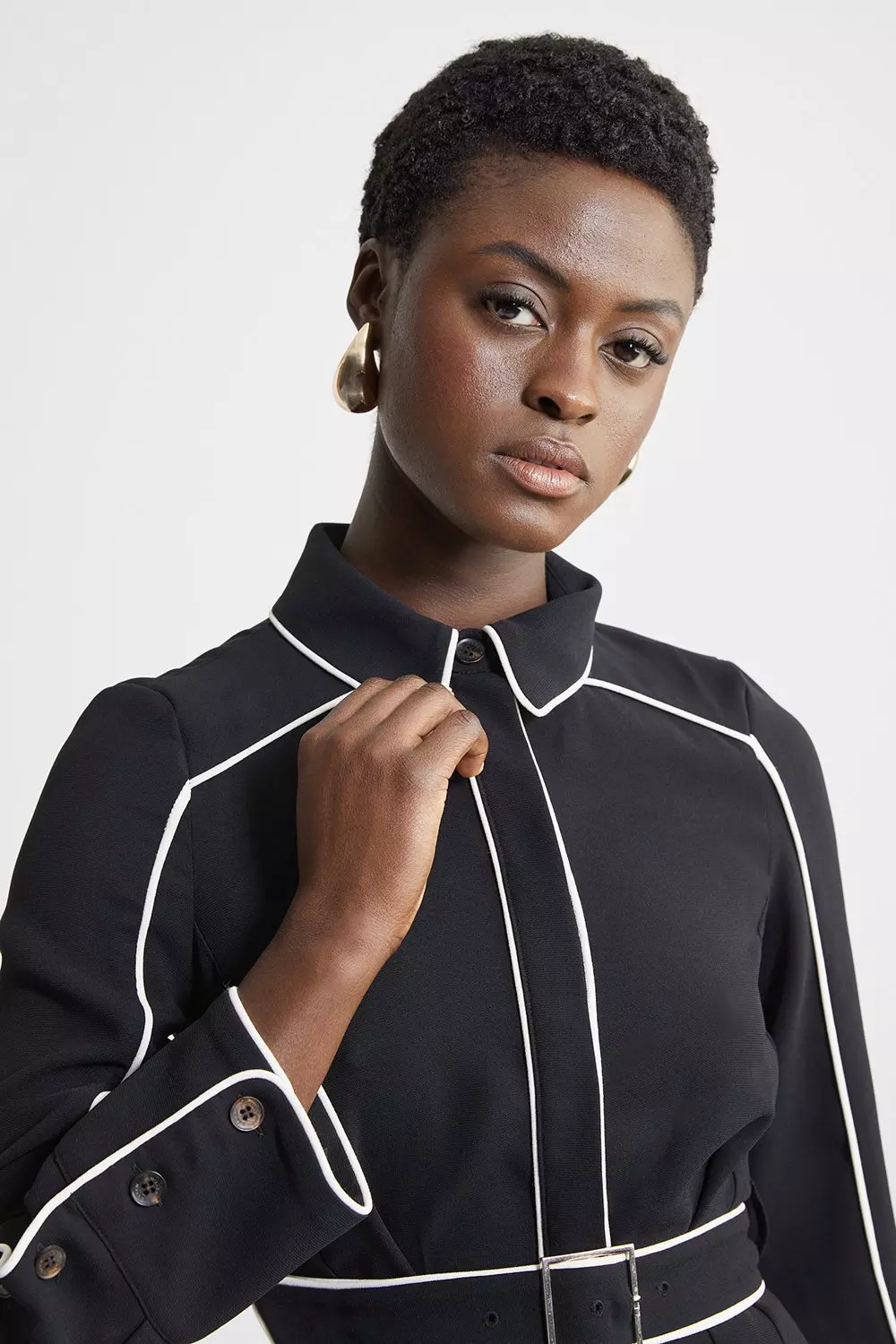 Black Petite Fluid Tailored Tipped Belt Detailed Midi Shirt Dress alternative image