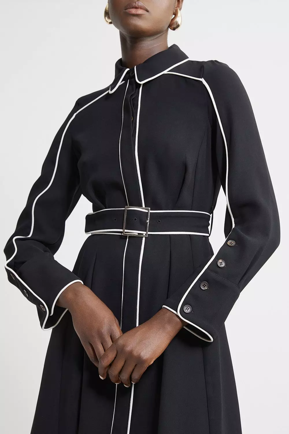 Black Petite Fluid Tailored Tipped Belt Detailed Midi Shirt Dress alternative image