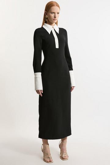 Black Tailored Crepe Contrast Collar Midaxi Dress