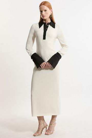 Tailored Crepe Contrast Collar Midaxi Dress ivory