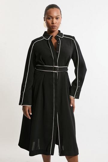 Black Plus Size Soft Tailored Tipped Belt Detailed Midi Shirt Dress