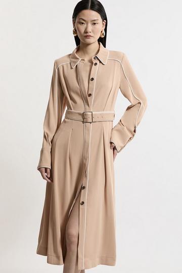 Soft Tailored Tipped Belt Detailed Midi Shirt Dress camel