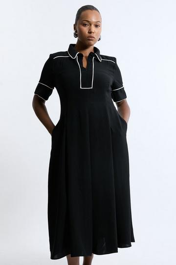 Black Plus Size Fluid Tailored Tipped Full Skirted Midi Dress