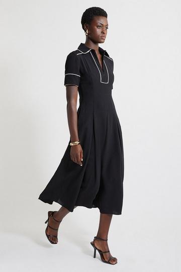 Black Petite Fluid Tailored Tipped Full Skirted Midi Dress