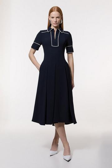 Navy Petite Fluid Tailored Tipped Full Skirted Midi Dress