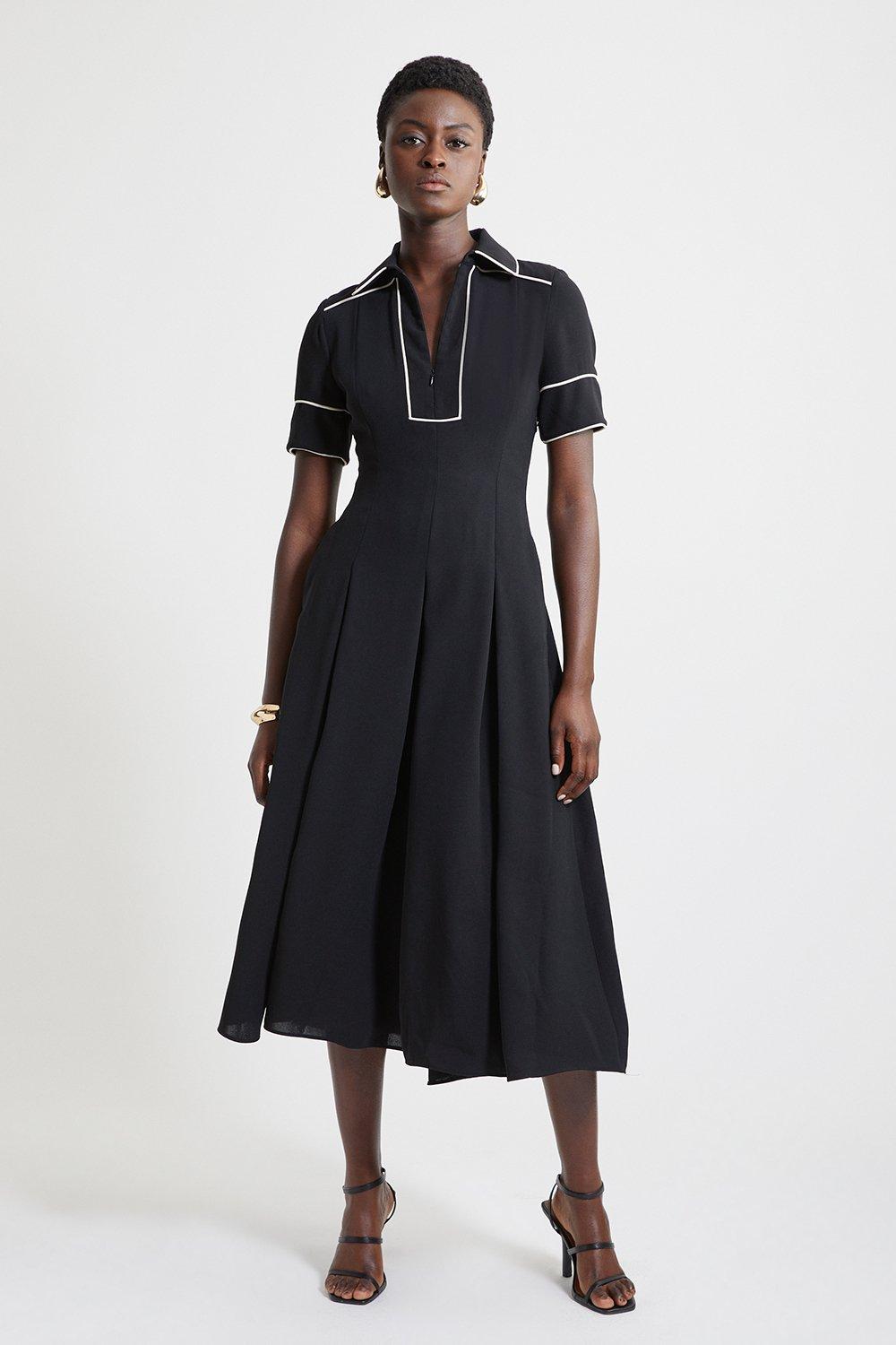 Fluid Tailored Tipped Full Skirted Midi Dress