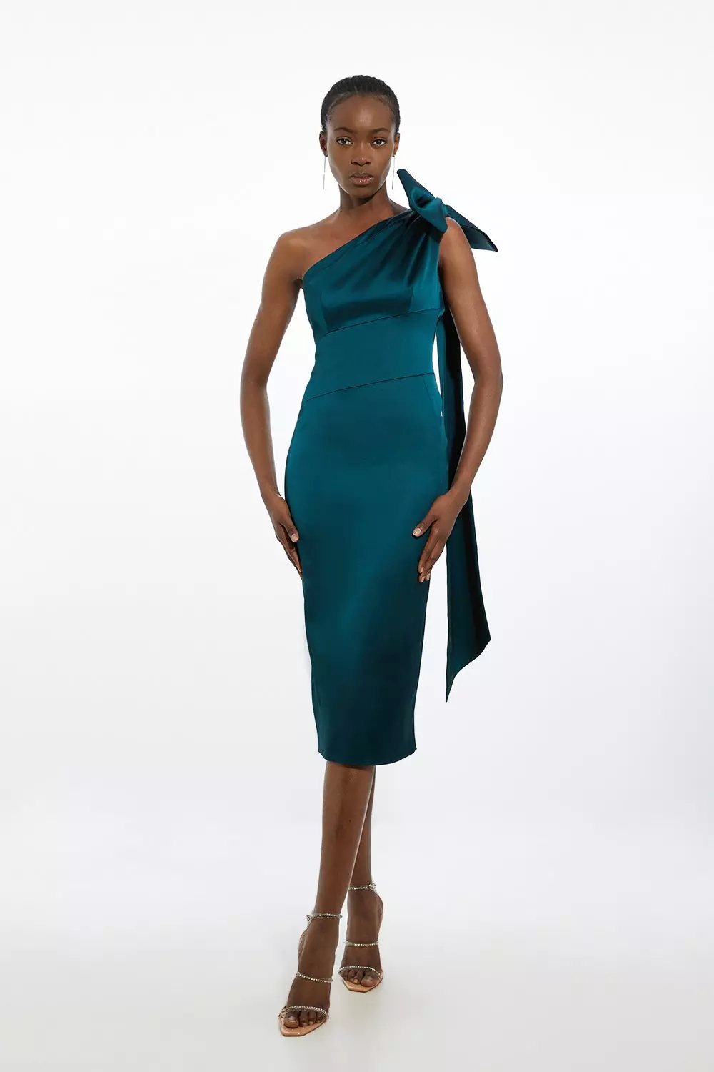 Green satin one shoulder dress best sale