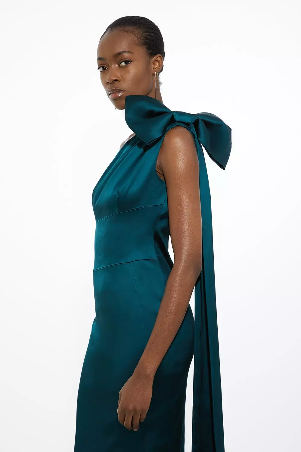 Karen Millen Womens Petite Italian Satin One Shoulder Bow Detail Tailored Midi Dress Green Size 8