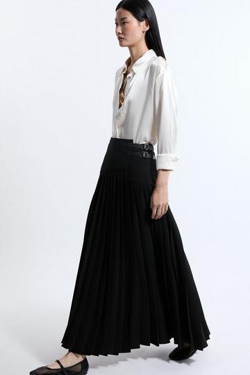 Black Tailored Crepe Pleated Buckle Detailed Midaxi Skirt