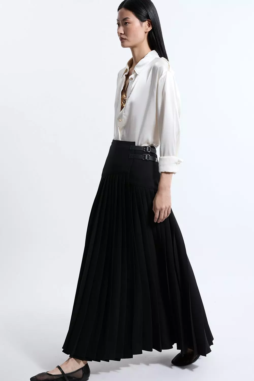 Tailored Crepe Pleated Buckle Detailed Maxi Skirt Karen Millen