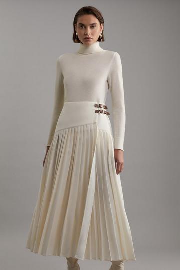 Tailored Crepe Pleated Buckle Detailed Midaxi Skirt ivory