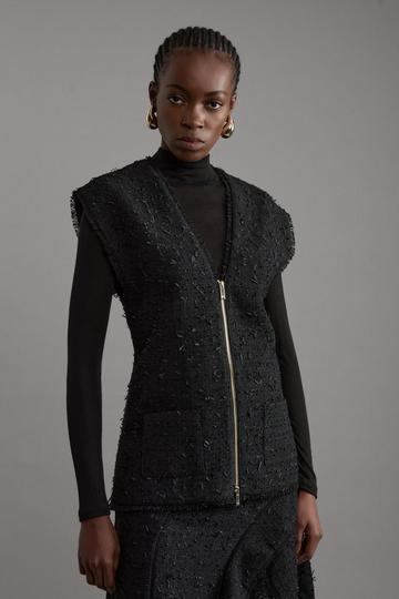 Black Metallic Boucle Sleeveless Tailored Jacket