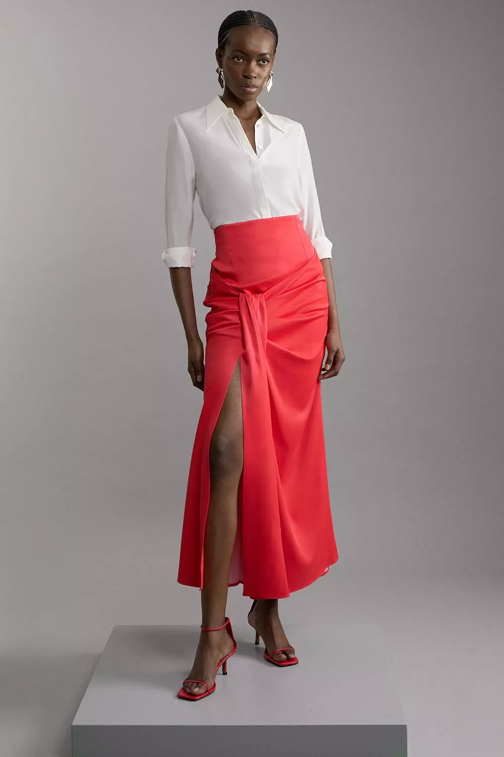 Petite Tailored Satin High Waisted Draped Maxi Skirt Karen Millen