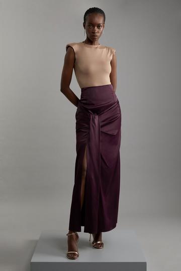 Tailored Satin High Waisted Draped Maxi Skirt aubergine