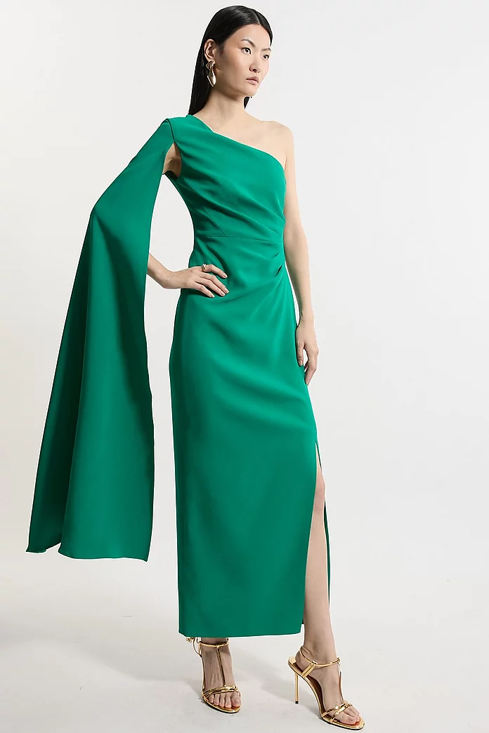 Compact Stretch Viscose One Shoulder Cape Maxi Dress | Karen Compact Stretch Viscose One Shoulder Cape Maxi Dress | Karen