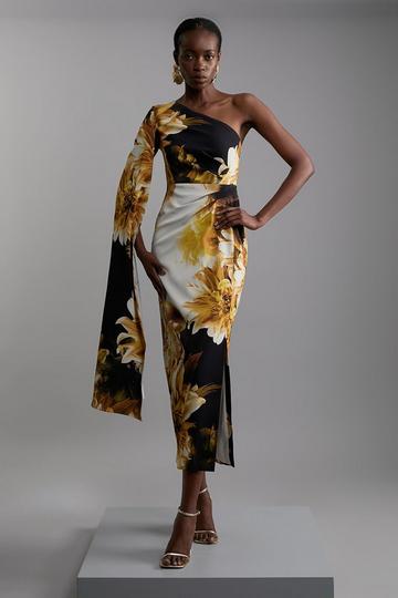 Compact Stretch Viscose Printed Photographic Floral One Shoulder Cape Maxi Dress multi