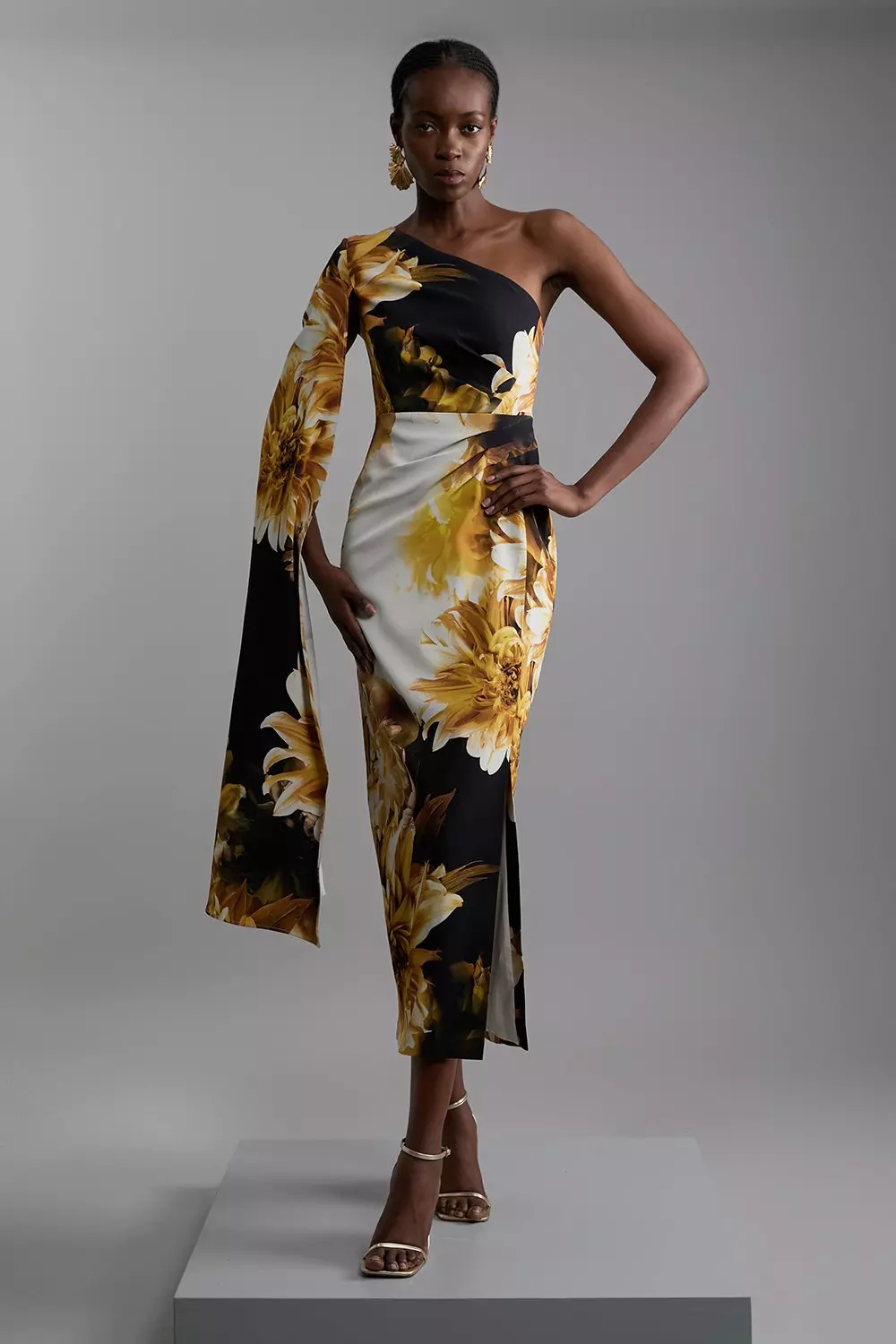 Compact Stretch Viscose Printed Photographic Floral One Shoulder Cape Maxi Dress Karen Millen